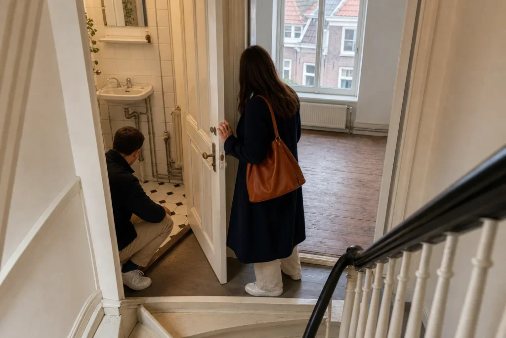 Buying a house in the Netherlands: viewings and negotiations: One prospective buyer is crouched slightly beside the bathroom doorway, inspecting the tiled floor and visible plumbing under the sink; a second prospective buyer stands one step