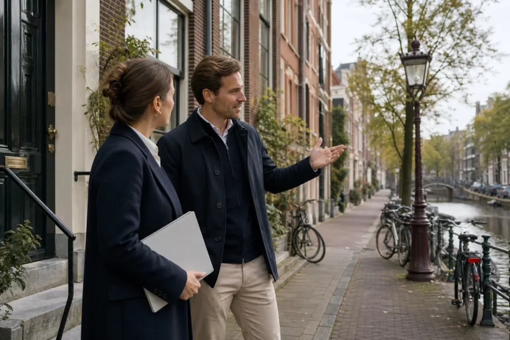 How a buying agent Amsterdam can guide your search: A real-estate adviser and a prospective buyer stand beside each other on the pavement, viewed from a slight side angle. The adviser holds a plain folder closed at their side while; They pa