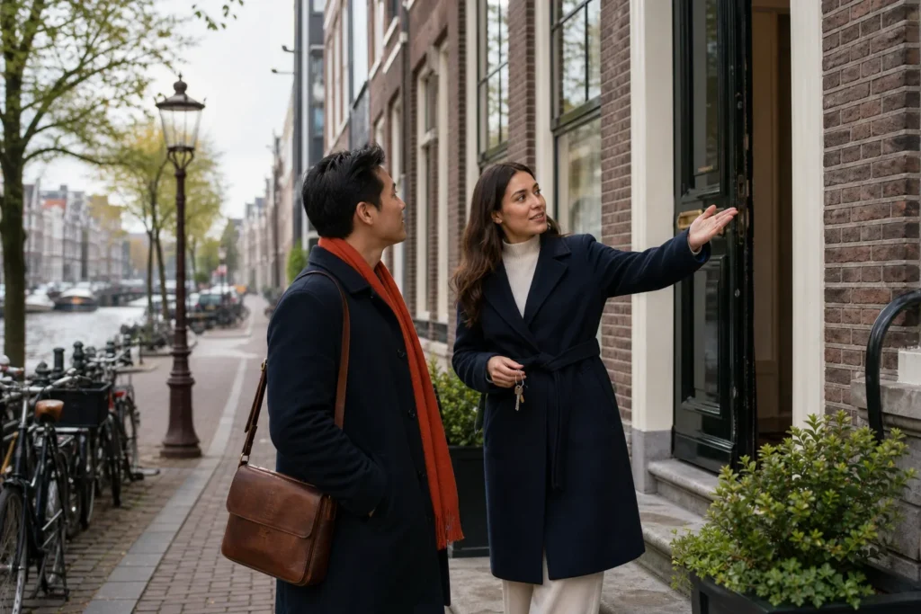 Buy property in Amsterdam for a move or investment: A prospective international buyer and a real-estate adviser stand at the building entrance in natural three-quarter profile; the adviser holds an unbranded keyring while the buyer; At the