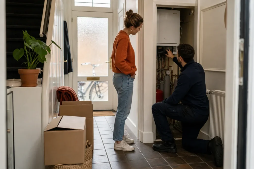 Buying a house in the Netherlands with support after the purchase: A new homeowner stands beside an open utility cupboard while an independent tradesperson kneels at the visible heating controls; both are naturally positioned and focused on