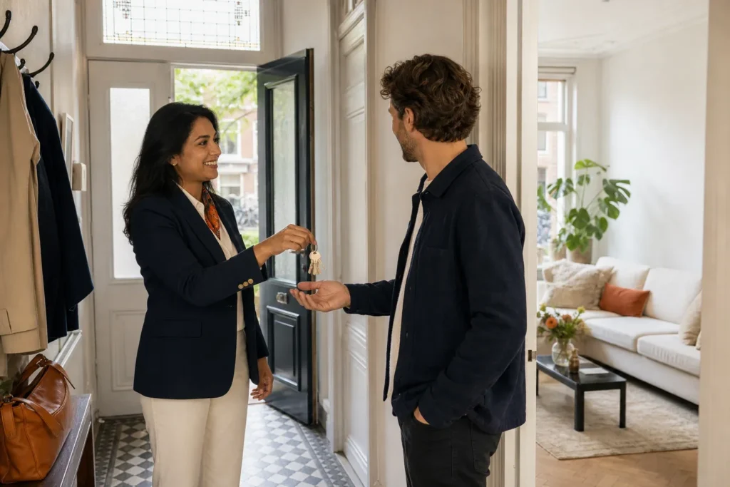 Buying agent Amsterdam support from viewing to handover: A real-estate adviser and a new homeowner stand just inside the open doorway in a natural three-quarter view. The adviser holds a small unbranded keyring at waist height while the; Th